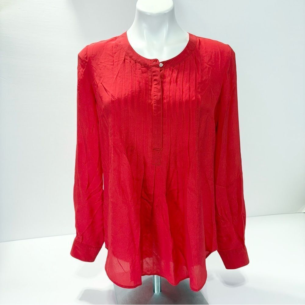 Daniel Rainn Red Bilson Silk Pleat Blouse Size M Long Roll Tab Sleeve Office NWT